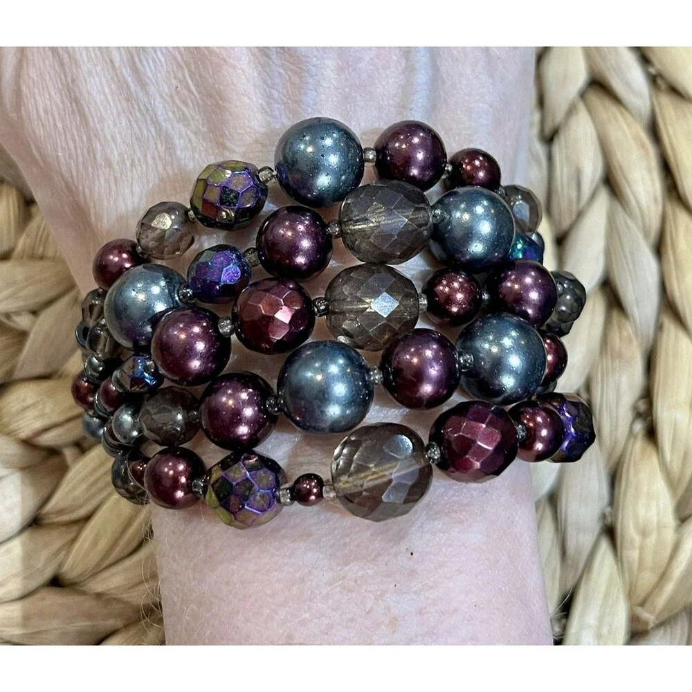 4- Stranded Bracelet Purple Aurora Borealis Faceted Glass Iridescent Fairycore
